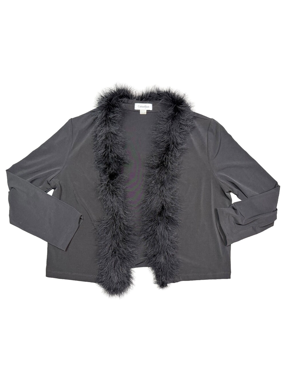 Vintage Calvin Klein Womens M Black Feather Trim Shrug Cardigan Y2K Evening Top